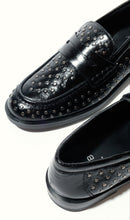 Load image into Gallery viewer, Black loafers with studded details on a white background
