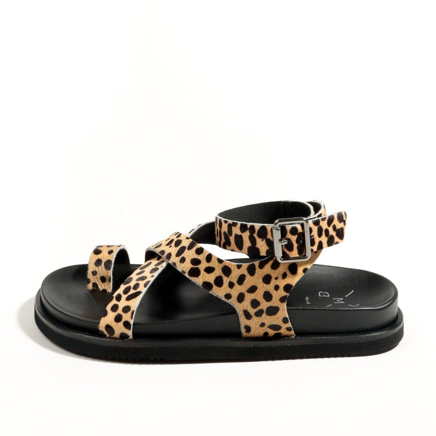 Black sandal with leopard print straps on a white background