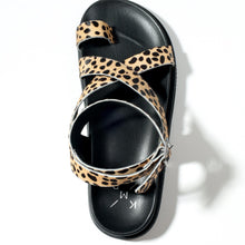 Load image into Gallery viewer, Black sandal with leopard print straps on a white background
