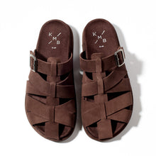 Load image into Gallery viewer, Pair of brown sandals with 'KMB' branding on a white background

