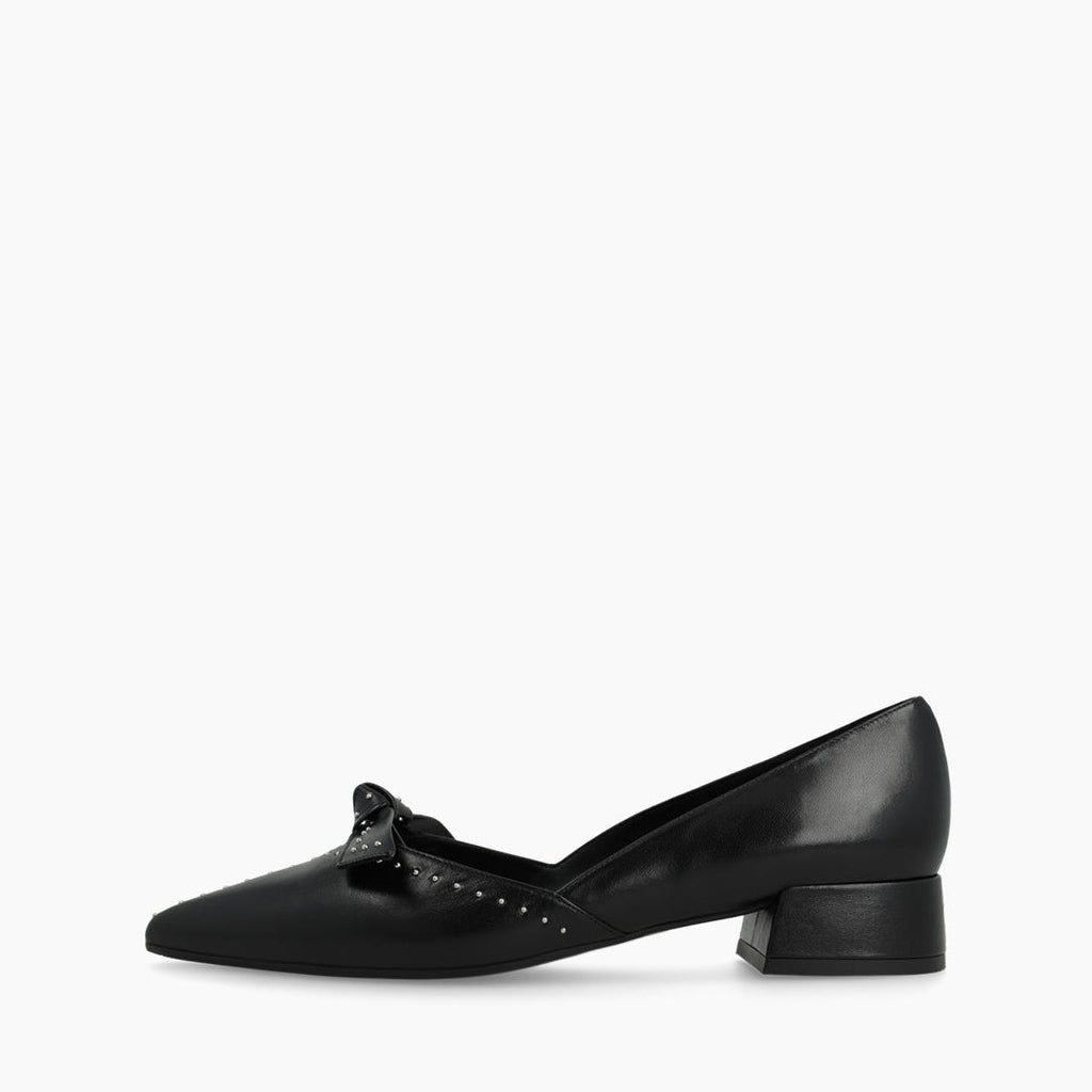 Lodi Black Leather Covered Heel Pump With Bow |AMISTADNE