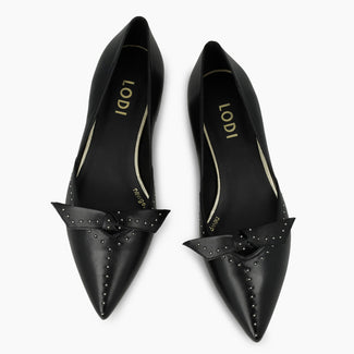 Lodi Black Leather Covered Heel Pump With Bow |AMISTADNE