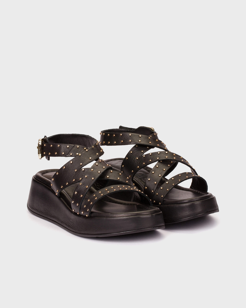 Wonders Black leather Platform Sandal|AT1054N