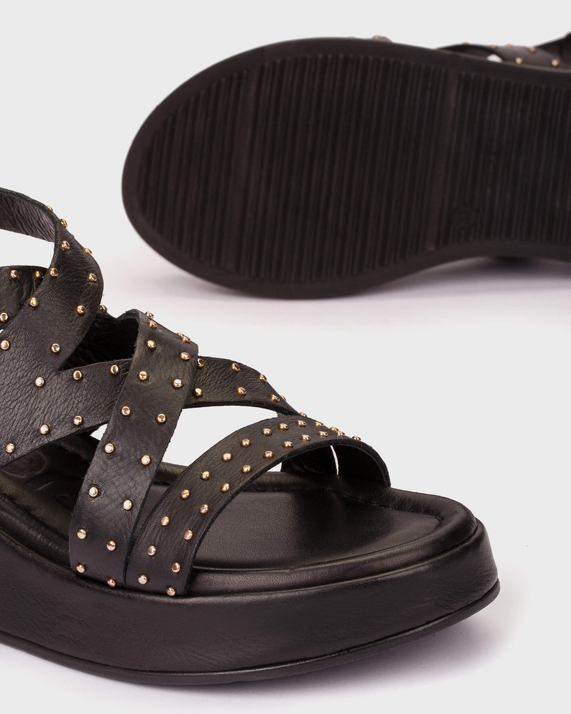 Wonders Black leather Platform Sandal|AT1054N