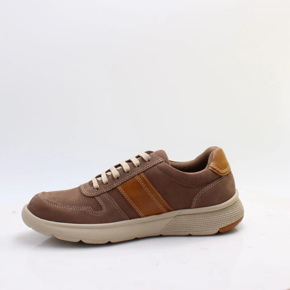 Brown leather sneaker with a striped design on a white background