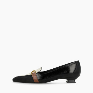 Lodi Black, Beige & Tan Patent Leather Loafer on Heel|BED5530