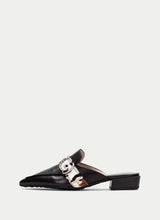 Load image into Gallery viewer, Black slip-on shoe with a metallic buckle on a white background
