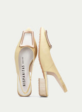 Load image into Gallery viewer, Pair of YELLOW heeled shoes with a visible brand logo on a white background
