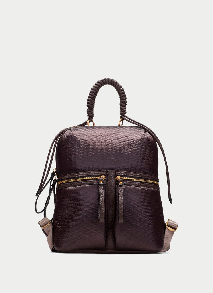 A dark brown pebbled leather backpack with a unique braided top handle, gold-tone zippers, and adjustable shoulder straps, shown against a light gray background.