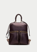 Load image into Gallery viewer, A dark brown pebbled leather backpack with a unique braided top handle, gold-tone zippers, and adjustable shoulder straps, shown against a light gray background.
