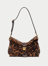 Load image into Gallery viewer, A shoulder bag with a brown and black leopard print pattern, featuring a black leather strap and a gold-tone front clasp.
