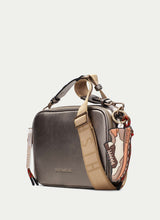 Load image into Gallery viewer, Brown handbag with a shark charm on a light gray background
