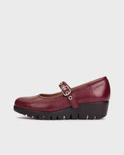Load image into Gallery viewer, Maroon shoe with a strap and buckle on a light gray background
