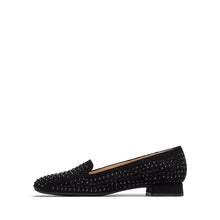 Load image into Gallery viewer, A single black suede loafer with a textured, studded upper and a low block heel, shown in profile against a plain white background.
