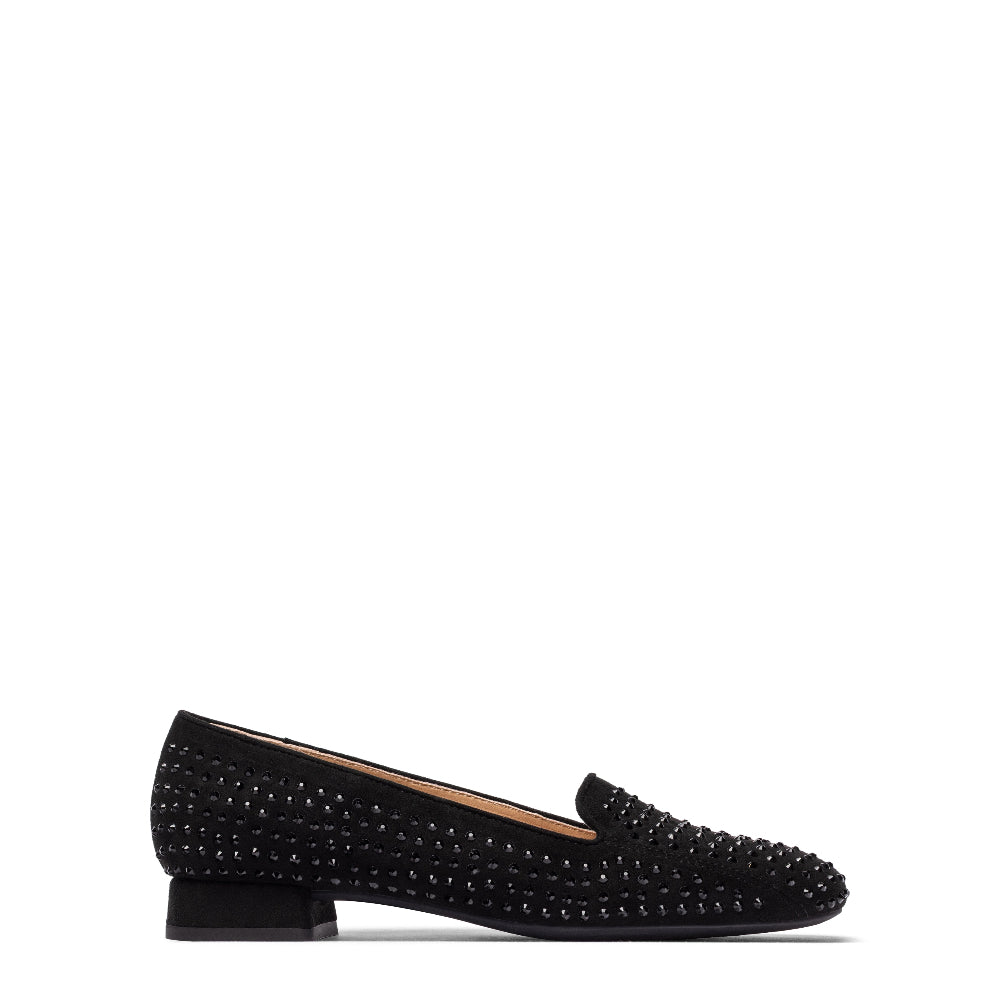 A single black suede loafer with a textured, studded upper and a low block heel, shown in profile against a plain white background.