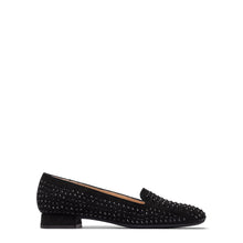 Load image into Gallery viewer, A single black suede loafer with a textured, studded upper and a low block heel, shown in profile against a plain white background.

