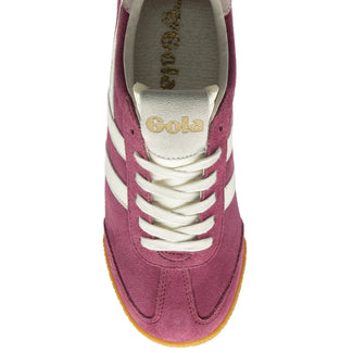 Purple sneaker with white stripes and brown sole on a white background