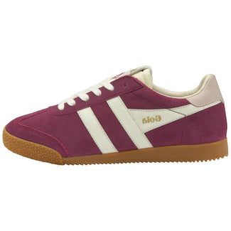 Purple sneaker with white stripes and brown sole on a white background