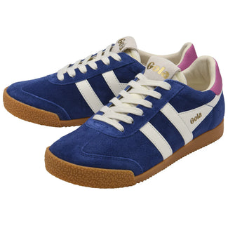 Blue sneaker with white stripes and brown sole on a white background
