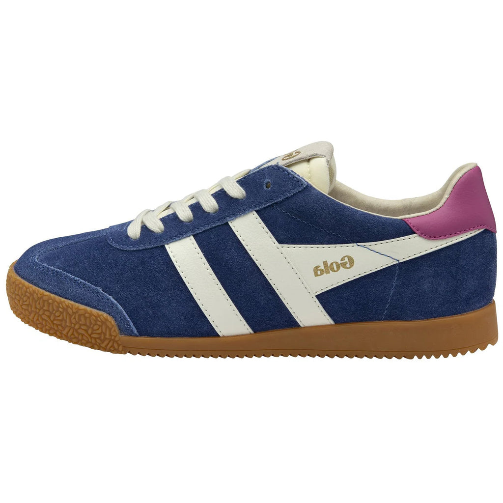 Blue sneaker with white stripes and brown sole on a white background