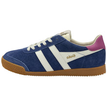 Load image into Gallery viewer, Blue sneaker with white stripes and brown sole on a white background
