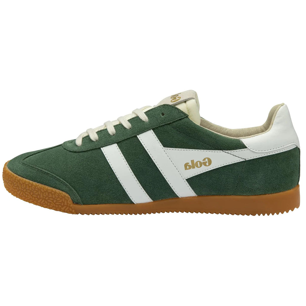 Green sneaker with white stripes and brown sole on a white background