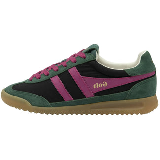 Green and black sneaker with pink accents on a white background