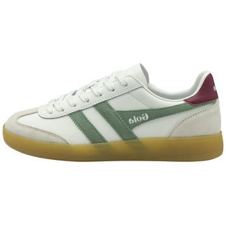 White sneaker with green accents and brown sole on a white background