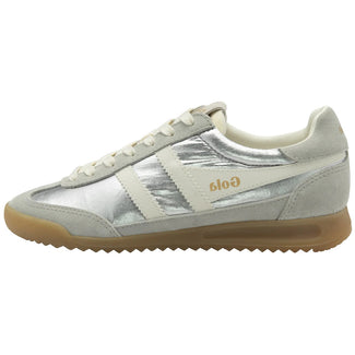 Silver sneaker with 'Gola' branding on a white background