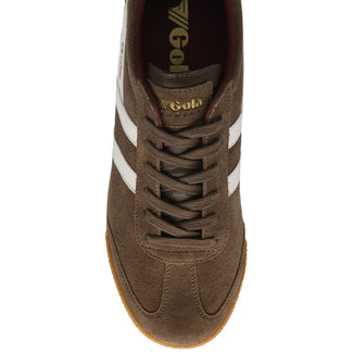 Brown sneaker with white stripes and 'Gola' branding on a white background