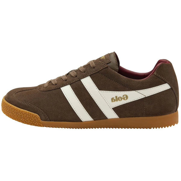Brown sneaker with white stripes and 'Gola' branding on a white background
