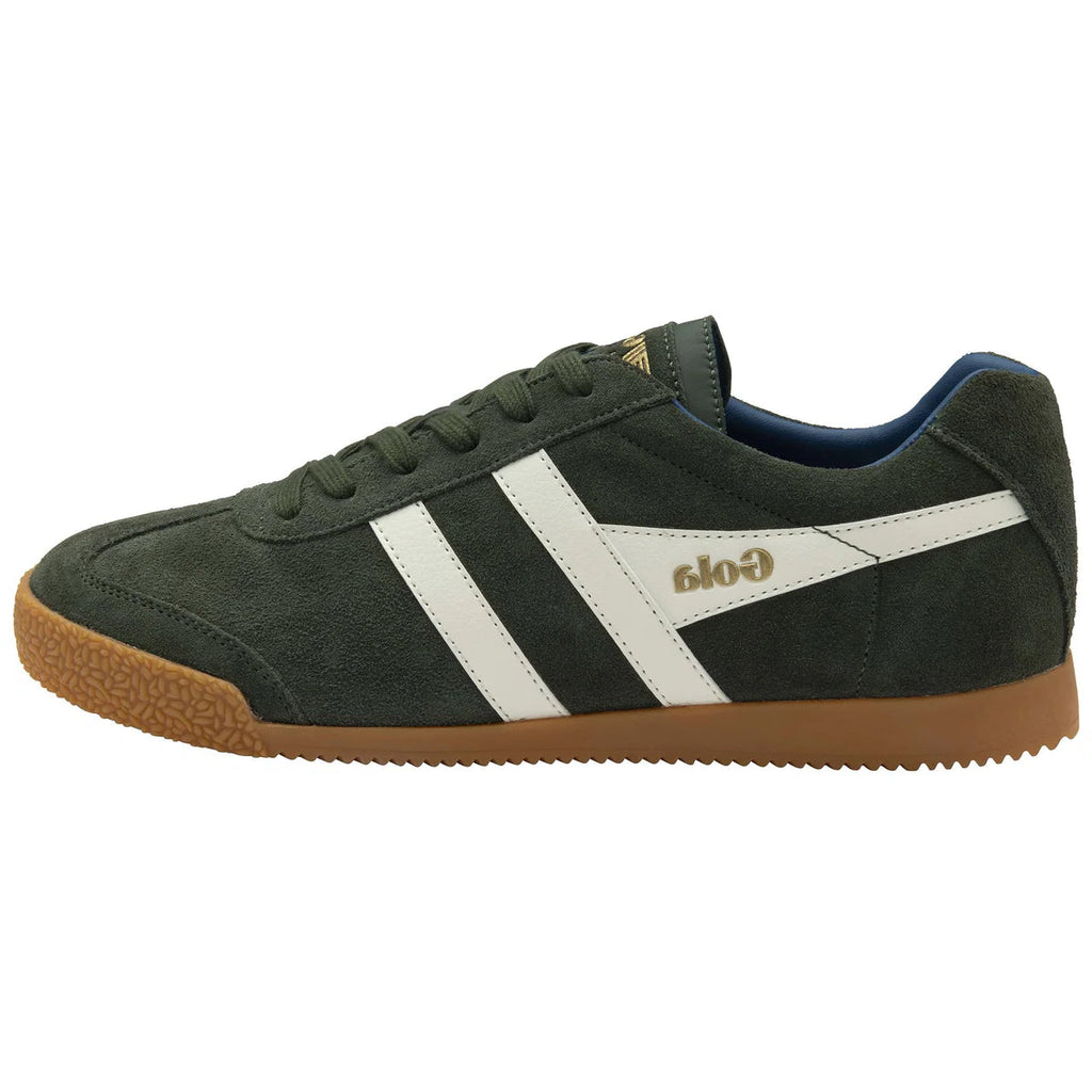 Green sneaker with white stripes and brown sole on a white background
