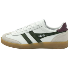 Load image into Gallery viewer, White sneaker with green stripes and brown sole on a white background

