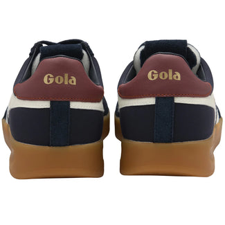 Navy blue sneaker with white stripes and brown accents on a white background