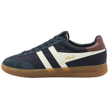 Load image into Gallery viewer, Navy blue sneaker with white stripes and brown accents on a white background

