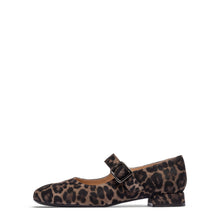 Load image into Gallery viewer, A single low-heeled Mary Jane shoe in a brown and black leopard print, shown from a side profile view against a plain white background.
