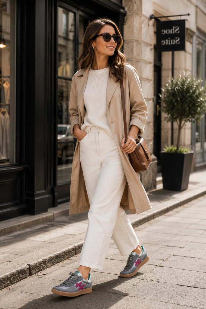 A woman walking on a city sidewalk wearing a beige trench coat, white top and white trousers, gray sneakers with pink and blue accents, and carrying a brown shoulder bag.