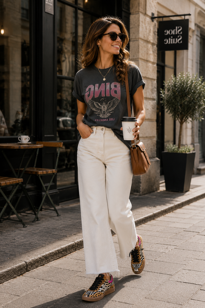 A woman walking on a city sidewalk wearing a dark gray graphic t-shirt with 'BING' in pink, white wide-leg cropped pants, and leopard-print sneakers, carrying a brown shoulder bag and holding a coffee cup.