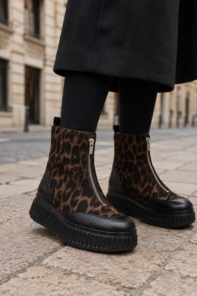 Wonders Black & Leopard Print Leather Platform Ankle Boots | A5202LEO