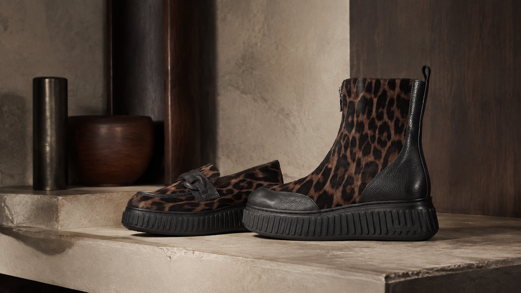 Wonders Black & Leopard Print Leather Platform Ankle Boots | A5202LEO