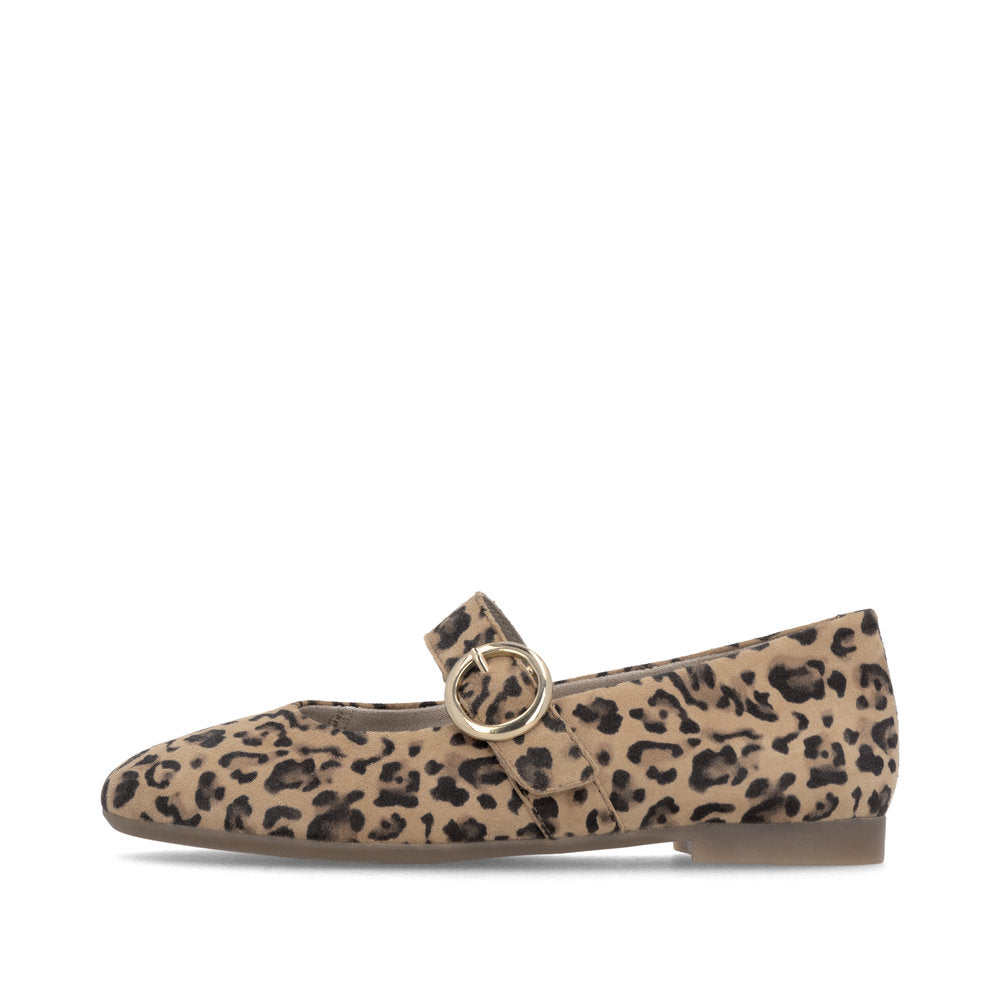 Leopard print flat shoe with a gold buckle on a white background