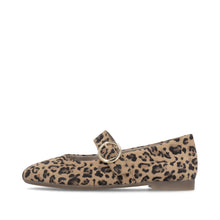 Load image into Gallery viewer, Leopard print flat shoe with a gold buckle on a white background
