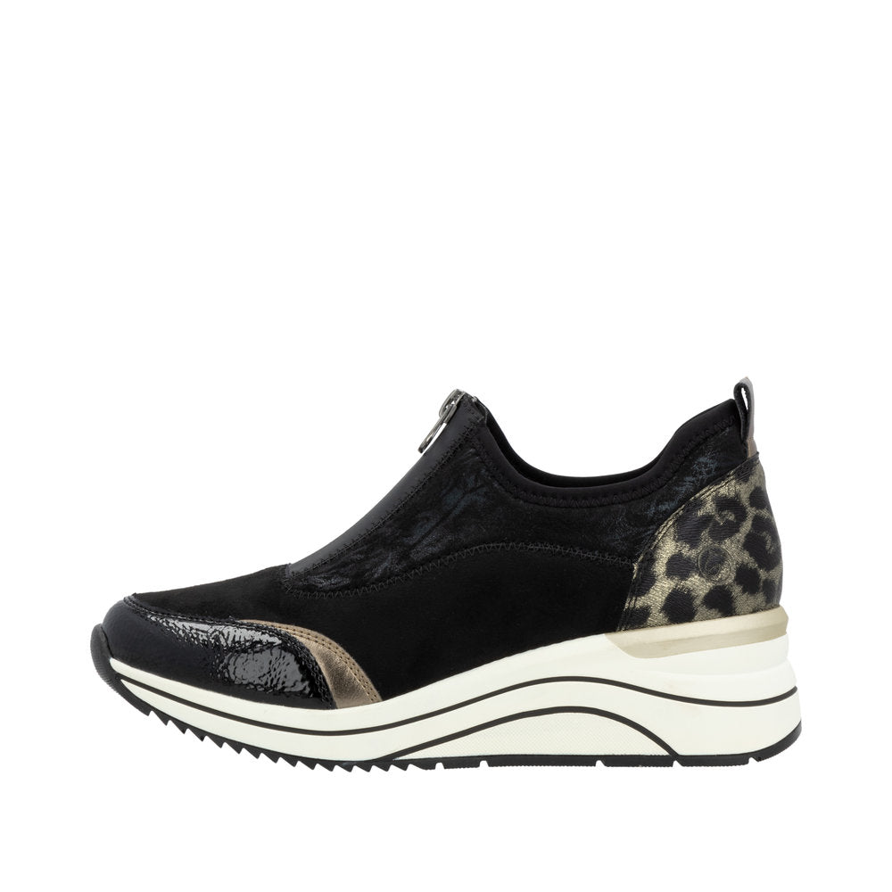 Remonte Wide Fit Black & Leo Elasticated Mini Wedge Trainer| D0T0802B