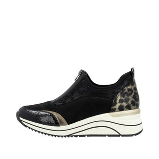 Remonte Wide Fit Black & Leo Elasticated Mini Wedge Trainer| D0T0802B