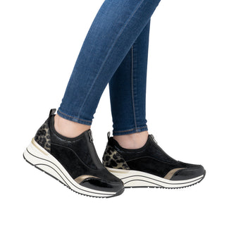 Remonte Wide Fit Black & Leo Elasticated Mini Wedge Trainer| D0T0802B