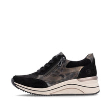 Load image into Gallery viewer, Black and brown sneaker with a white sole on a white background

