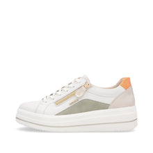 Load image into Gallery viewer, White sneaker with multicolor design on a white background
