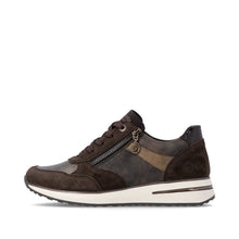 Load image into Gallery viewer, A dark brown and black low-top sneaker with a side zipper, brown laces, and a white midsole, shown from the side on a white background.
