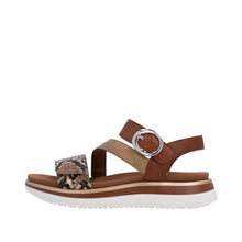 Load image into Gallery viewer, Brown sandal with snake print strap on a white background
