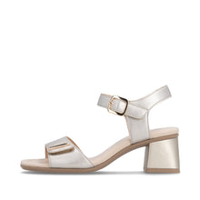 Load image into Gallery viewer, gold sandal with a block heel on a white background
